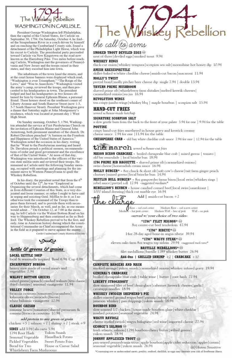 Dinner Menu - 1794 The Whiskey Rebellion