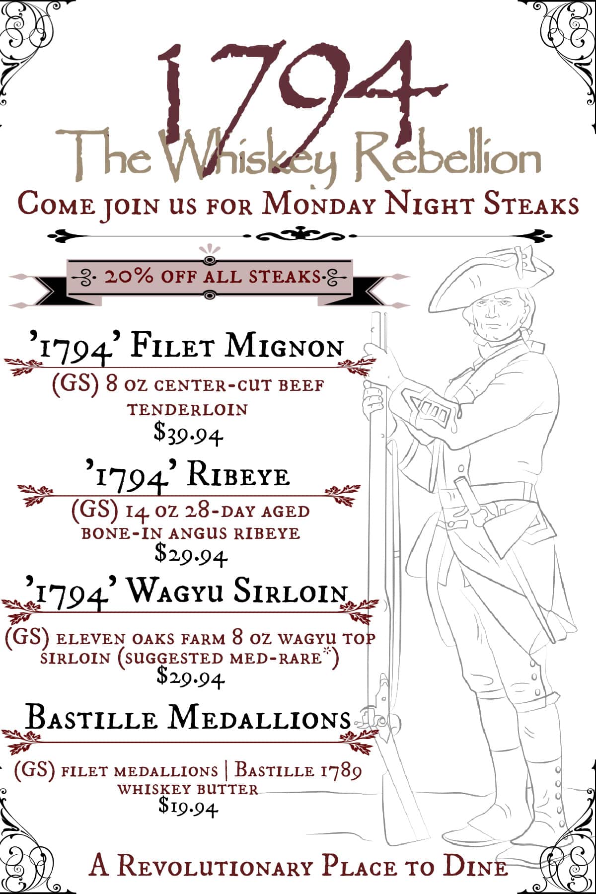 1794 The Whiskey Rebellion steak night promo