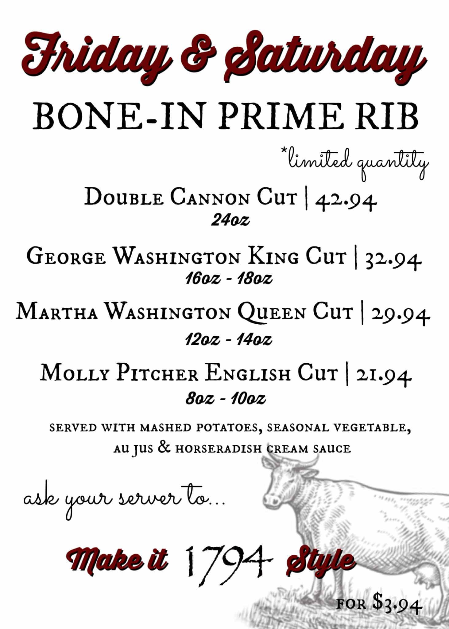 1794 The Whiskey Rebellion Prime Rib Specials